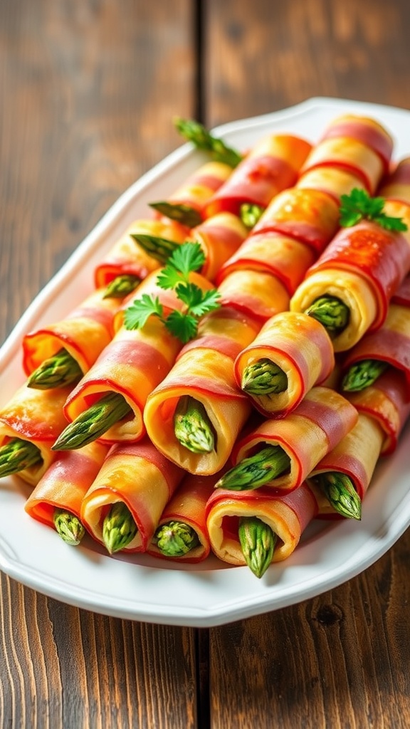 Savory asparagus and ham roll-ups garnished with parsley on a white platter.